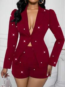 Xyvia Handmade Beaded Split Design Women Long Sleeve Jacket And Shorts Elegant Suit Set - Burgundy - View 5