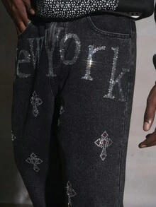 PAVTROS Manfinity Streetrush Men's Fashion Cross & Letter Rhinestone Embellished Jeans Halloween All Saints' Day Diamond Jeans Y2K Rhinestone Black Loose Wide Leg Disco Party For Thrashed Denim