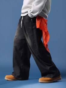 SUMWON 棉质青少年男童阔腿牛仔裤滑板风格经典原色牛仔宽松版型街头潮流休闲宽松裤四季日常下装宽松剪裁 - 黑色 - 查看 1