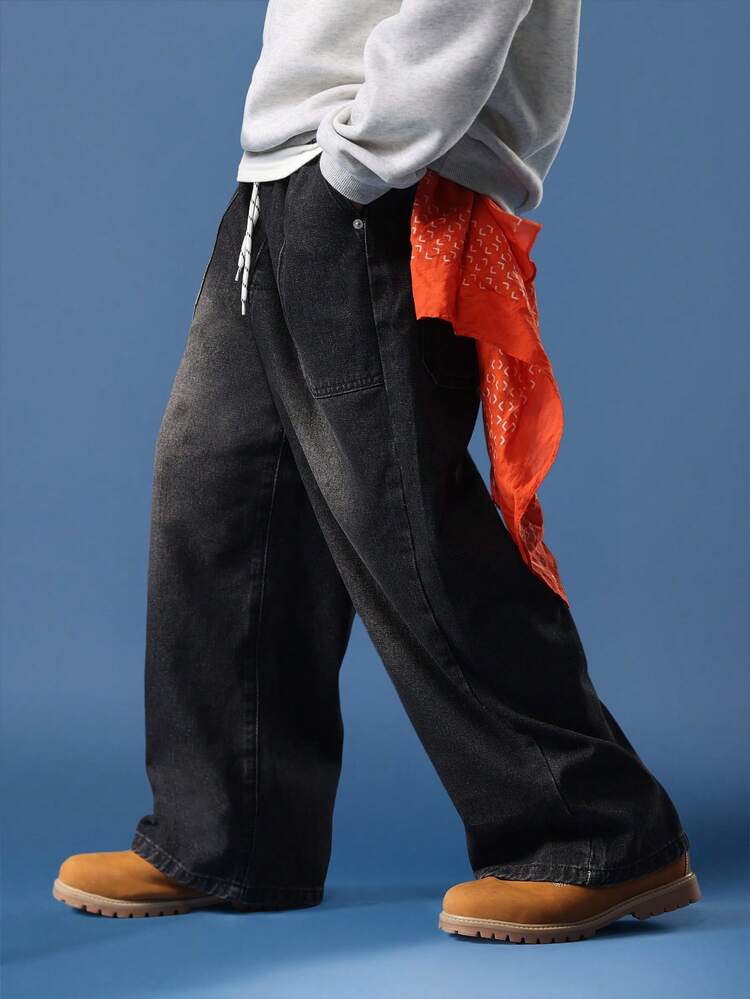 Wide Leg Dark Denim Jeans With Drawstring Waist