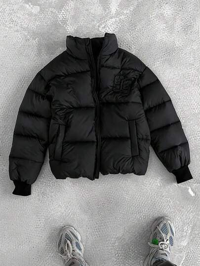 Manfinity EMRG Men's Solid Color Stand Collar Winter Jacket,Men Winter Coat,Solid Color Plus Fleece Warm Winter Coat Men Puffer Jacket Black Jacket For Men Men Winter Jacket Men Outerwear Puffer Jacket Men , Fall