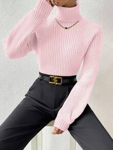 RosyDaze Women's High Neck Solid Color Raglan Sleeve Knitted Casual Long Sleeve Ribbed Sweater - Baby Pink - View 5
