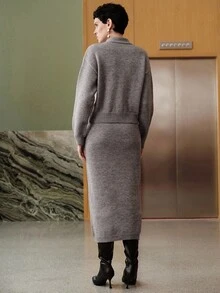 Uhlyne Women's Minimalist Teacher Outfit, Fashion Commuter Style With Design Sense, Gold Button Cardigan Paired With Simple Casual A-Line Skirt, Business Casual 2 Pieces Knit Set, Fall Winter Autumn - Grey - View 2