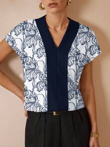 Shutterstock Glamance Casual Loose Versatile Printed V-Neck Women Blouse, Summer Women Work Tops Summer Shirts Woman Women Blouses For Summer Summer Work Top Scrub Tops For Women - Multicolor - View 4