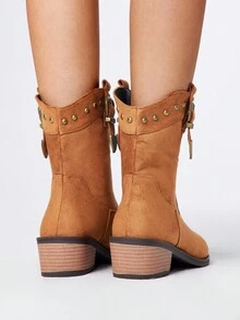 Styleloop 棕色西部牛仔靴，一脚蹬刺绣及膝马靴，低跟皮革摩托车靴，女式中筒靴，适合万圣节、圣诞节、秋季 - 棕色 - 查看 5