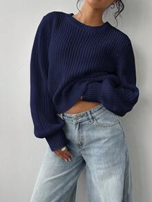 SHEIN BASICS 女士休闲纯色灯笼袖毛衣，秋冬 - 藏蓝色 - 查看 5