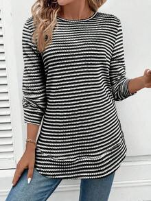 SHEIN LUNE 女士休闲运动衫，不对称下摆，纹理提花条纹面料 - 黑與白 - 查看 4