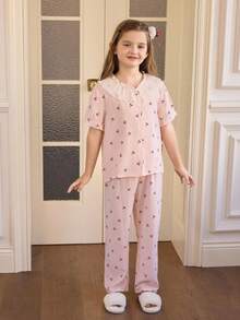 甜美乡村浪漫格子樱桃印花褶皱雪纺荷叶边撞色领短袖女童睡衣 - 粉色 - 查看 3
