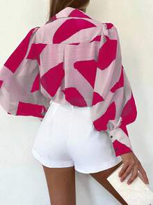 INAWLY 女士几何印花灯笼袖单排扣时尚衬衫 - 玫紅色 - 查看 2