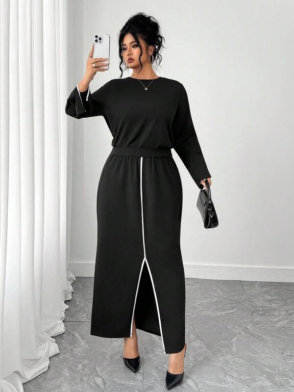 Elenzga Women's Plus Size Elegant Minimalist Fashion Contrast Color Split Sleeve Two Pieces Set, Comfortable For Commuting