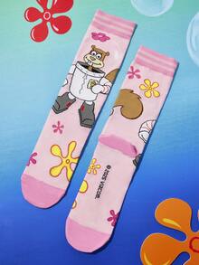 SpongeBob SquarePants | SHEIN 4 双可爱卡通女士柔软透气吸湿排汗中筒袜时尚休闲中筒袜加固脚趾和脚跟耐用四季百搭夏季冬季，Patrick，Squidward，Sandy - 彩色 - 查看 9