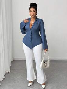 Maweii Plus Size Women Deep V Sexy Bodycon Long Sleeve Blouse, Elegant Office Wear For Spring & Autumn - Blue - View 3