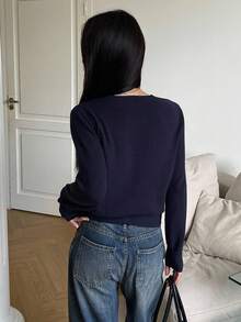 DAZY Cárdigan de mujer con cuello en V, 2 en 1, de color contrastante, con parches, de manga larga y manga corta ajustada - Azul Marino - Ver 5