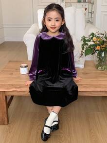 DAZY Girls Young Girl Fall/Winter Velvet Pinafore Dress Set, Collared Blouse, Cute Bow Design, Casual & Fashionable Everyday Wear - Multicolor - View 4