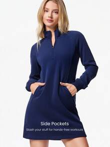 GLOWMODE French Terry Midi Dress Side Pockets Zip Casual Daily - Dark Blue - View 3