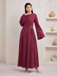 Veilorie 系带收腰装饰纽扣棉麻舒适复古日常休闲长袖连衣裙，秋季 - 酒紅色 - 查看 7