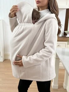 SHEIN 3-In-1 Maternity Hooded Jacket With Thermal Lining, Casual For Autumn/Winter Winter Clothes Chic - Apricot - View 2