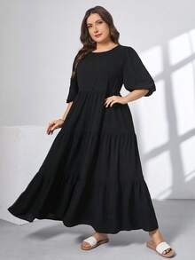 SHEIN Essnce 大码女式黑色连衣裙、可爱连衣裙、超宽松长裙、节日连衣裙、海滩度假服装、音乐会服装、女士夏季服装、女士夏季连衣裙、女士春季服装、女士音乐会服装、女士复活节连衣裙、孕妇装、摄影服装、女士节日服装、女士端庄连衣裙 - 黑色 - 查看 3