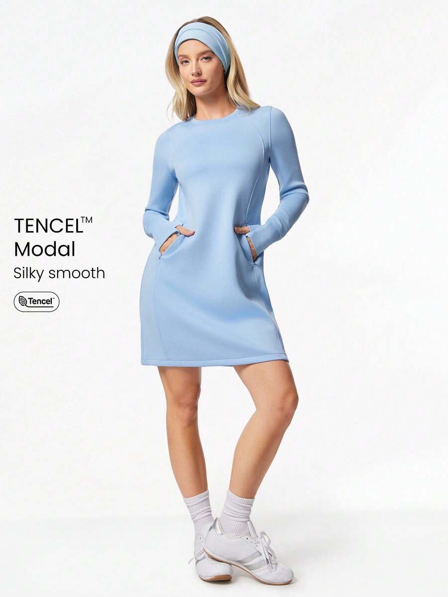 GLOWMODE Modal Midi Dress Side Invisible Pockets Built-In Thumbnail Casual Daily - Baby Blue - View 1