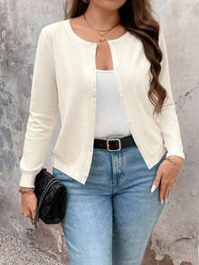 EMERY ROSE Plus Size Casual Versatile Solid Color Cardigan - Apricot - View 1