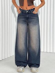 EURMUSE Quần jean ống rộng túi cài nút đa năng thường ngày dành cho nữ - Rửa trung bình - Xem 4