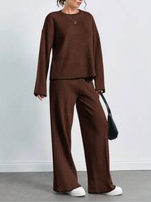 SHEIN Tall 素色圓領落肩毛衣與針織長褲休閒套裝，適合高個女性 - 咖啡棕 - 查看 5