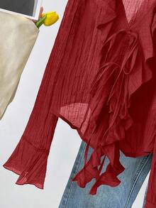 INAWLY 法式 V 领褶饰荷叶边系带衬衫 - 紅色 - 查看 7