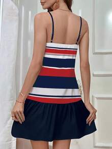 INAWLY 条纹航海风格时尚短款吊带连衣裙