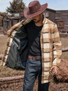 Manfinity Nomadique Men's Loose Fit Plaid Patched Pocket Drop Shoulder Overcoat Going Out Casual Color Block Overcoat, Fall/Winter - Multicolor - View 8