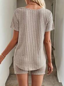 Easowa Conjunto De Dos Piezas De Punto Acanalado De Color Sólido Para Mujeres - Albaricoque - Ver 2