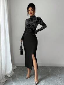Modelyn 女式斑马条纹立领长袖侧开衩下摆扭腰修身连衣裙，带烫金印花，优雅晚会礼服，女士优雅开叉，开叉大腿，扭纹长袖立领修身长款黑色常规袖图案修身女式长裙，春/秋，休闲日常穿着超长女装长款晚礼服 - 銀色 - 查看 3