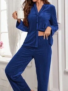 Velvet Women's Long Sleeve Top & Pants Pajama Set, Fall Winter Clothes - Royal Blue - View 4