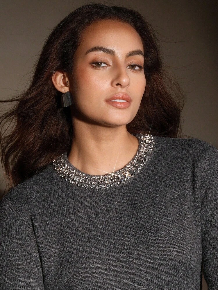 Anewsta Elegant Wool Blend Solid Color Velvety Knit Rhinestone Collar Pullover Sweater, Autumn/Winter