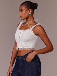 Athîral Kawaii Ballet Style Lace Ruched Lace-Up White Summer Women Tank Top - White - View 5