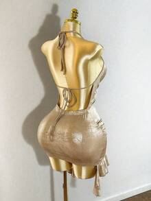 Mistrie Vestido mini dorado de cuello de capucha de mujer con Body de unicolor y metalizado