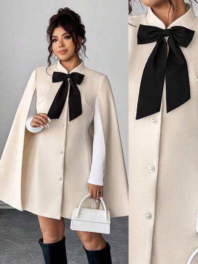 Elenzga Plus Size Women Fashionable Casual French Vintage Elegant Pearl Button Colorblock Bow Cloak Overcoat, Church Graduation Special Occasion Winter Fall Autumn