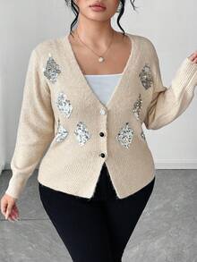Elenzga Plus Size Fitted Sequin Elegant Sophisticated Cardigan Sweater - Apricot - View 7