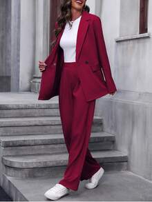 EMERY ROSE 女士纯色翻领长袖双排扣夹克和裤子休闲套装，秋季勃艮第西装女士西装外套套装女士西装勃艮第裤子女士西装正式女士西装
