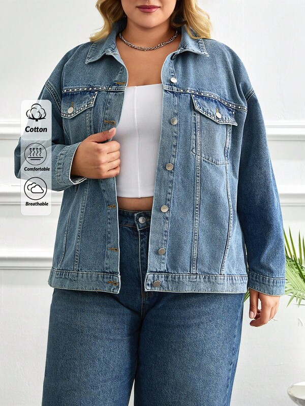 EURMUSE Plus Size Casual Washed Denim Jacket, Autumn Plus Size Denim Jacket Women Jean Jacket Oversized Jean Jacket Studded Jean Jacket