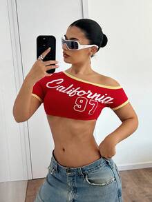 EgrlEra Women's Street KPop Style Letter Print Slash Neck Cropped Tee, Sporty Baddie Dopamine Vibe, 90s Clothes - Red - View 4