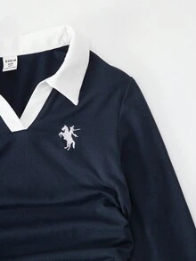 Tween Girls' Colorblock Collar Long Sleeve Casual Knight Print T-Shirt Fall Winter - Navy Blue - View 4