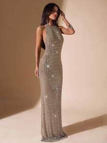 SHEIN BAE Váy dạ hội thanh lịch, thích hợp cho tiệc tùng, hộp đêm, tiệc cocktail, tiệc tối, dạ hội, dạ hội, dạ hội - Màu Khaki - Xem 4