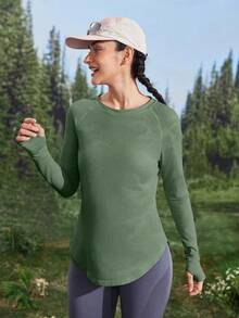 In My Nature 女士透气网眼拼布瑜伽普拉提运动T恤，高弹亲肤面料，紫色开放式拇指孔设计，适合户外训练、跑步、夏季徒步女装 - 軍綠色 - 查看 6