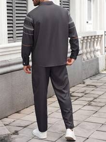 Manfinity Homme 2件套大码男士休闲长袖衬衫和纯色裤子套装 - 彩色 - 查看 2
