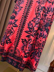 SHEIN Clasi 大码女式V领长袖碎花优雅连衣裙 - 酒紅色 - 查看 4