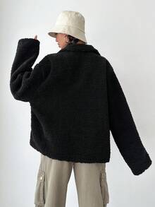 EURMUSE Zip Up Drop Shoulder Teddy Coat - Black - View 2