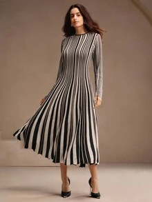 Women's Knitted Colorblock Ribbed Layered Dress - Black and White - View 3