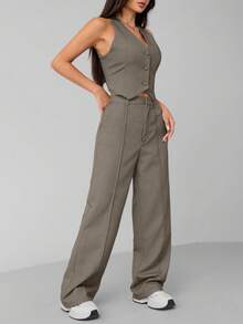 SHEIN PETITE 女士单排扣背心和裤子正式商务套装，夏季秋冬 - 摩卡棕 - 查看 7