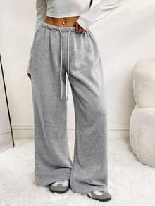 SHEIN PETITE Women's Casual Front Tie Waist Loose Sweatpants, Suitable For Autumn/Winter, Everyday Wear And Back To School - Grey - View 7