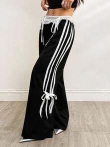 SHEIN PETITE 女式夏季黑色上学可爱 Y2K 派对蕾丝蝴蝶结中腰直筒黑色裤子 - 黑色 - 查看 9